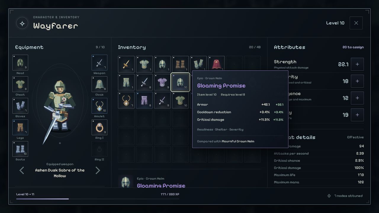 Character inventory with an Epic helm tooltip compared against the equipped item