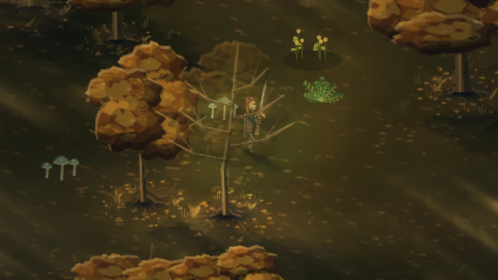 A hero walking through an autumn forest of amber trees, mushrooms and fallen leaves