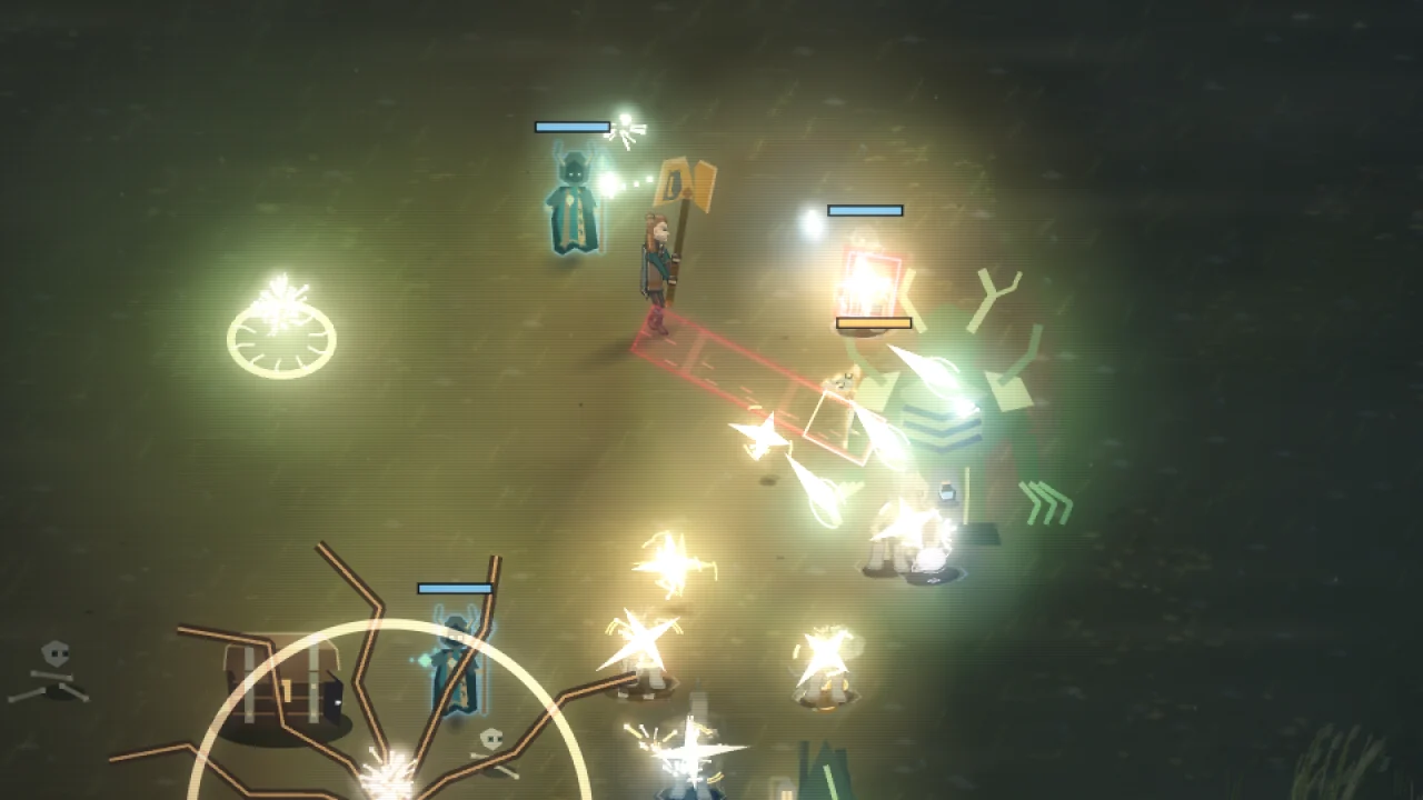 The hero fighting a horde of undead with a glowing sword arc and spell effects