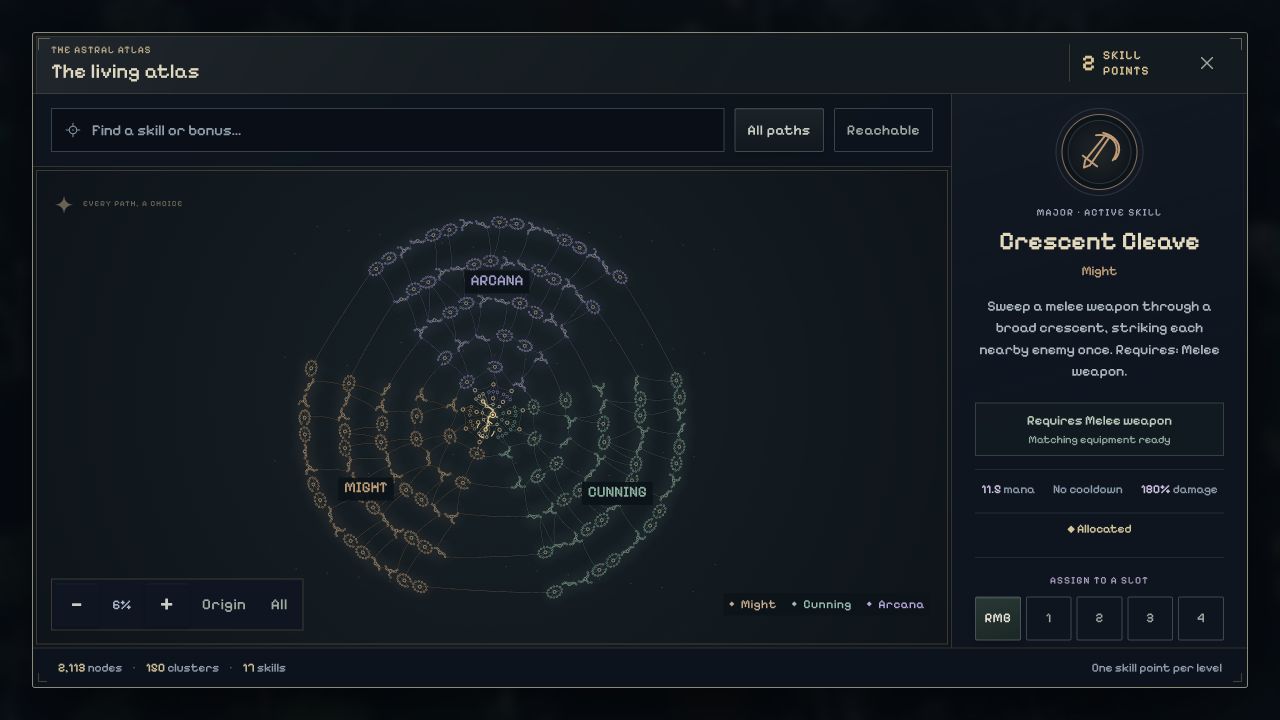 The skill atlas with Might, Cunning and Arcana paths and a selected active skill